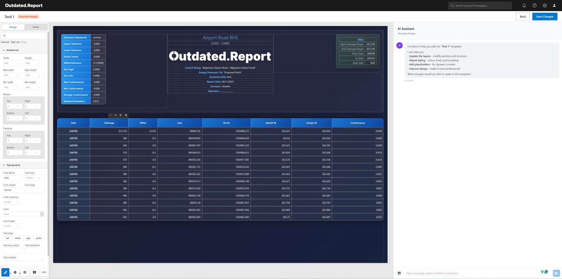 Outdated.Report dashboard showing a professional report template with mapped Smart Fields, highlighted data connections, and the AI assistant sidebar